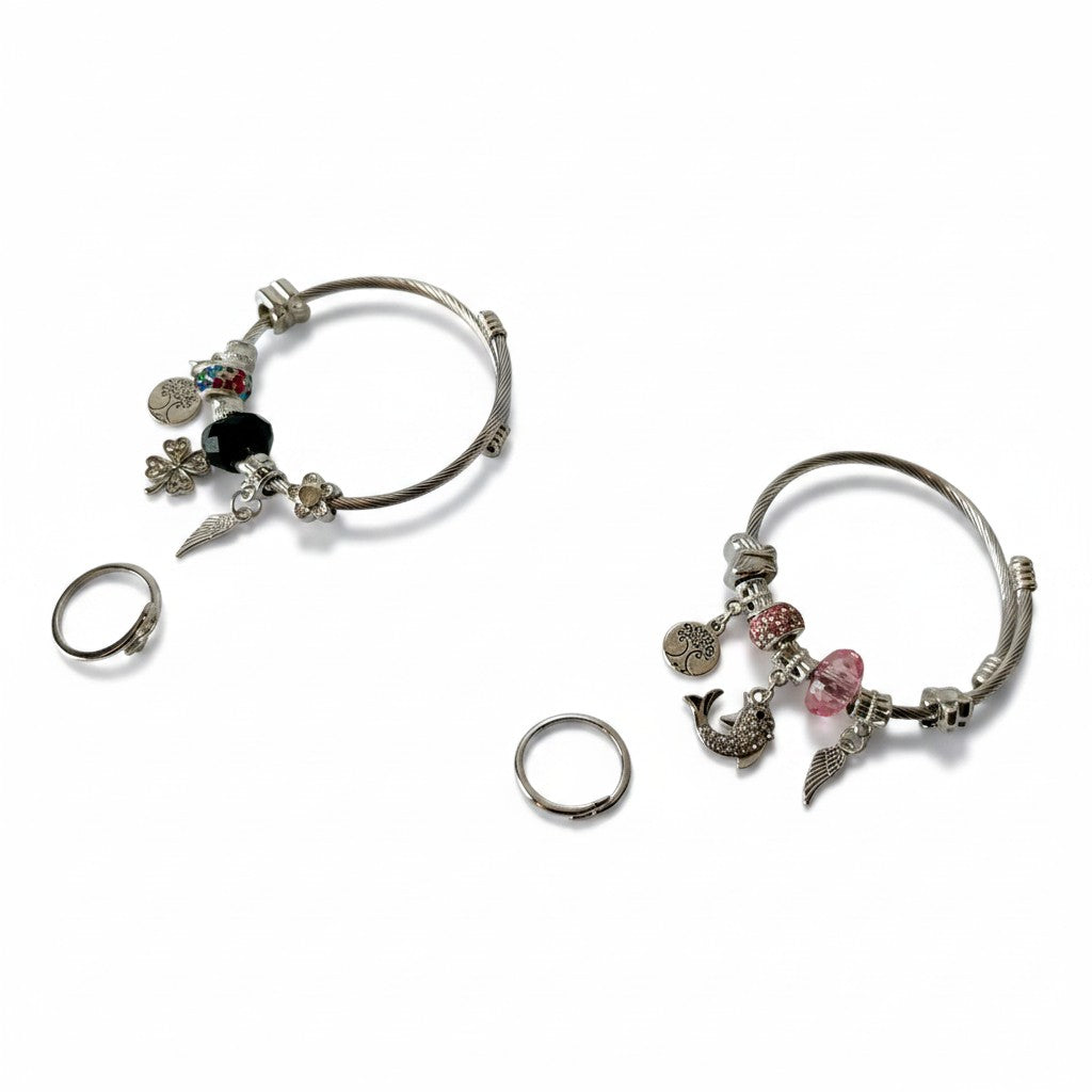 Anti-tarnish Silver-plated Charm Bracelet & Hug Ring on a white background