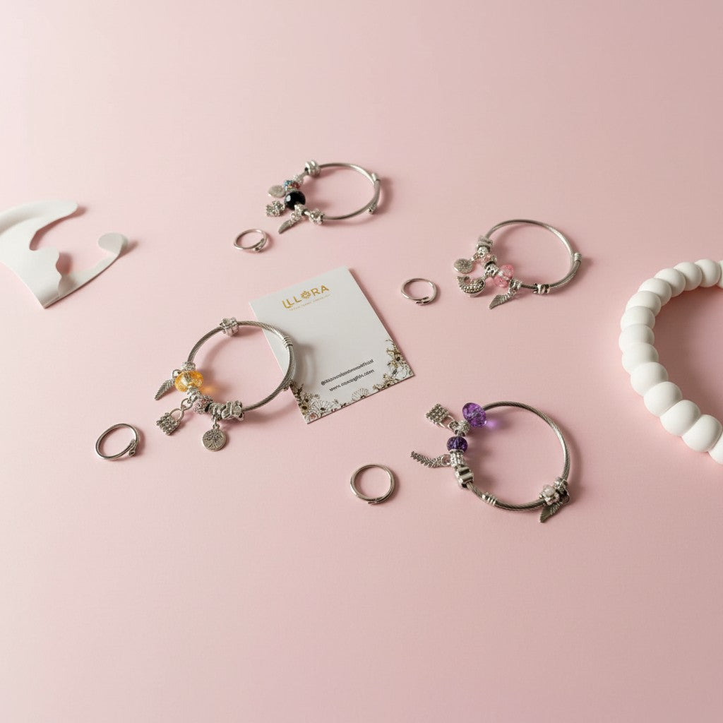 Chic Hug Charm Set – Anti-tarnish Silver-plated Charm Bracelet & Hug Ring against a pink background