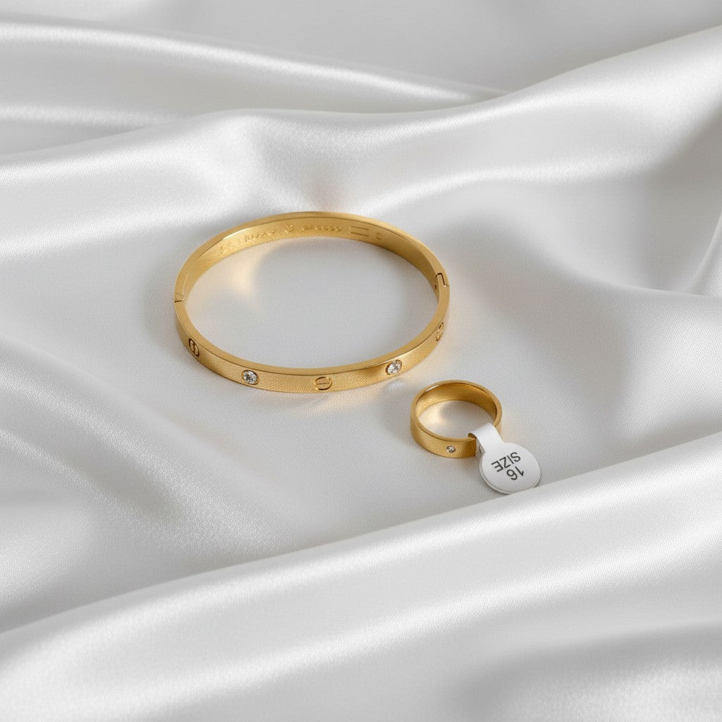 Anti-tarnish 18k Gold-plated Zirconia Kada Bracelet & Kada Ring on a white satin background