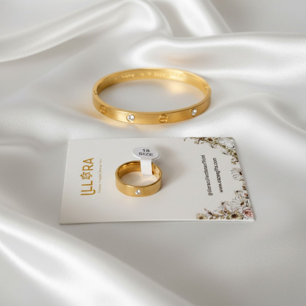 Anti-tarnish 18k Gold-plated Zirconia Kada Bracelet & Kada Ring on a white satin surface