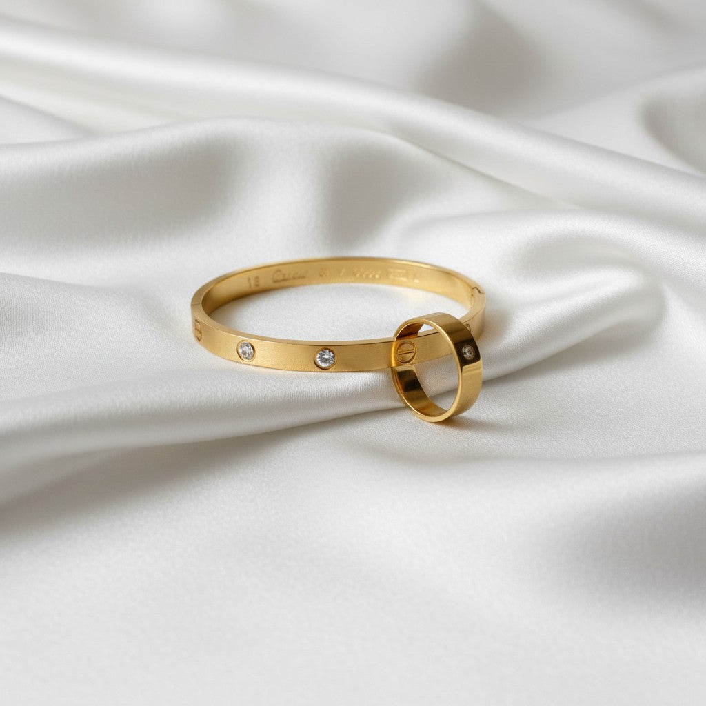 Anti-tarnish 18k Gold-plated Zirconia Kada Bracelet & Kada Ring on a white satin background