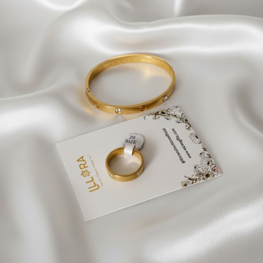 Classic Zircon Kada Duo – Anti-tarnish 18k Gold-plated Zirconia Kada Bracelet & Kada Ring on a satin surface