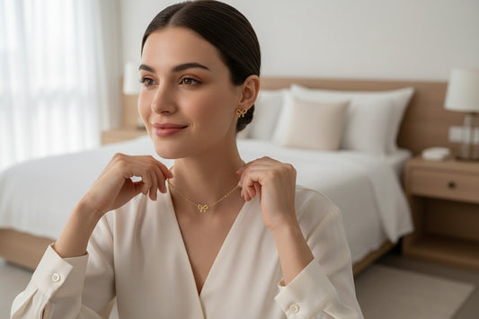 Women wearing Sweet Bow Muse Duo – Anti-tarnish 18k Gold-plated Bow Chain Pendant & Bow Ear Studs