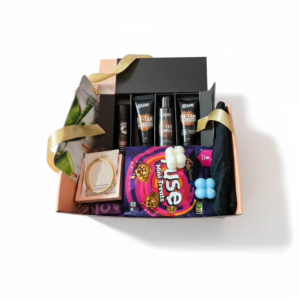 Open box of The Tidal Gentleman Grooming & Self-Care Gift Hamper For Men on a white background