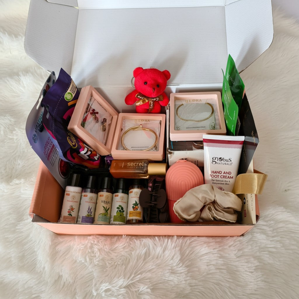 Travel Care Gift Hamper For Women & Girls on a satin surface