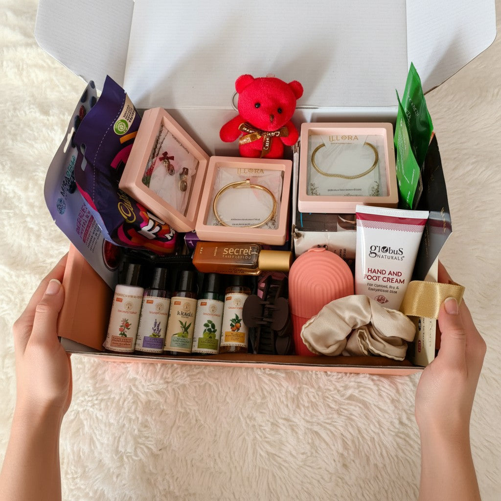 Hand holding The Jet Setter Travel Care Gift Hamper For Women & Girls | Gifts For Her | 19 Gifts For 19th Birthday