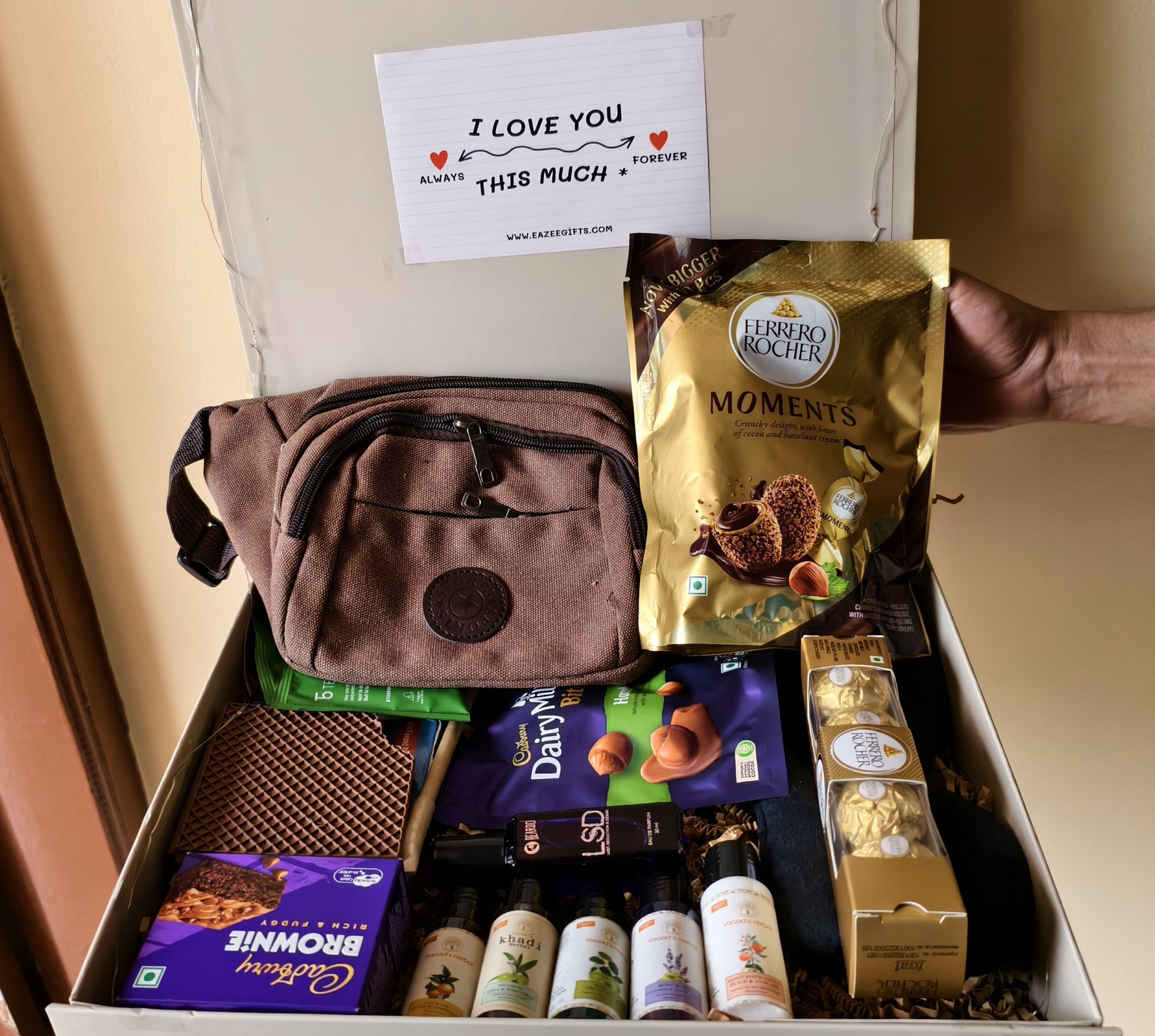 The Urban Voyager Travel Care Gift Hamper For Men in a luxury hamper box with 'I Love You' card
