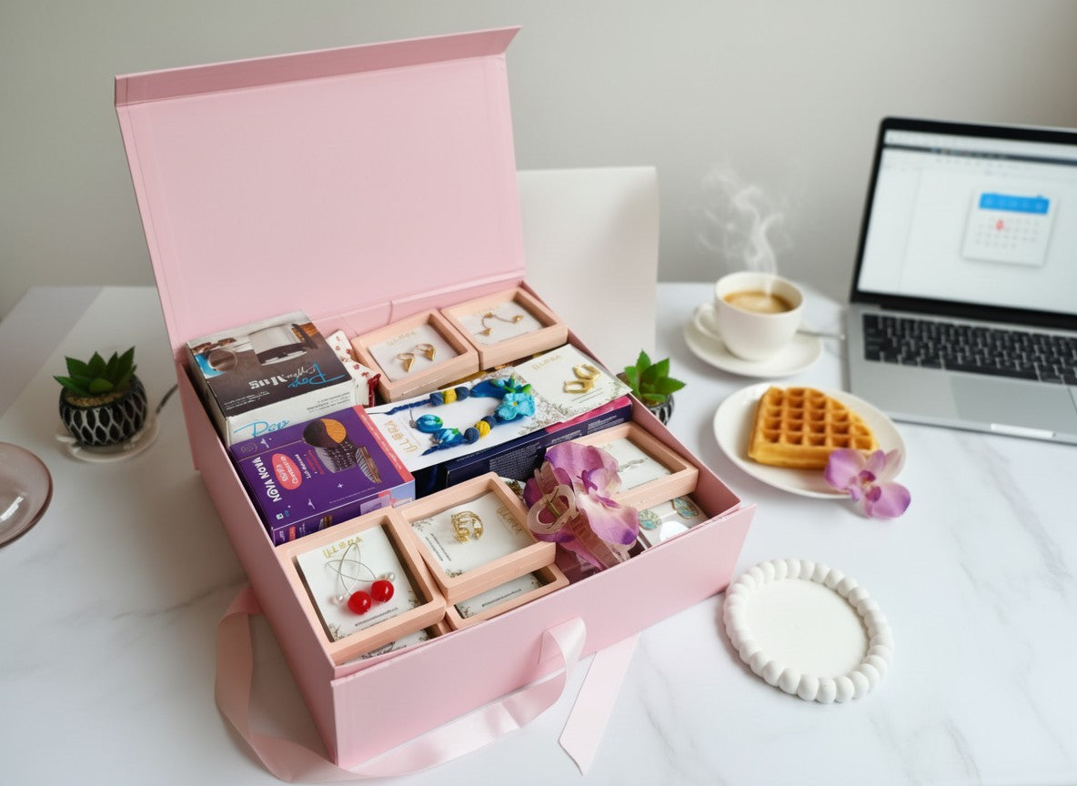 Gift Hamper For Her with jewellery, accessories, and sweet treats on a table with a laptop and coffee.