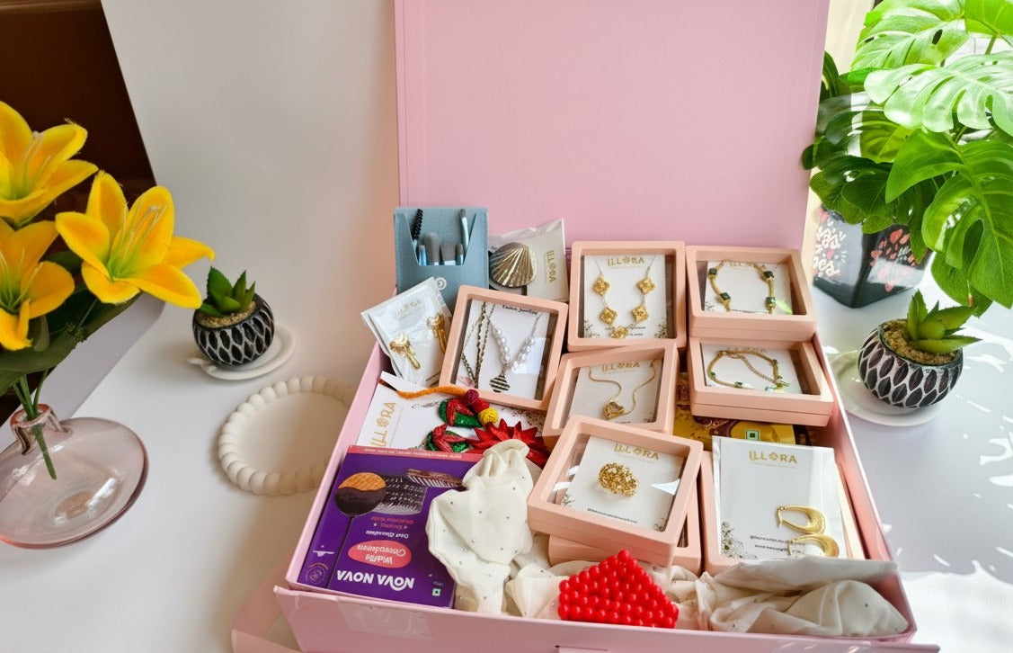 Cupid’s Favourite Girl Beauty Gift Hamper For Women & Girls on a white surface with yellow flowers and a plant.