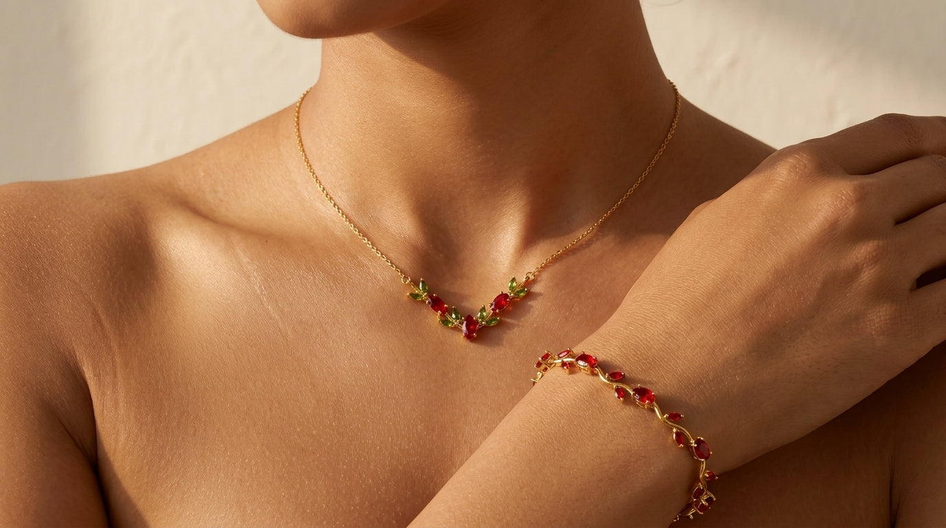 Tulip Necklace and bracelet with red and olive green stones on a person's neck and wrist.