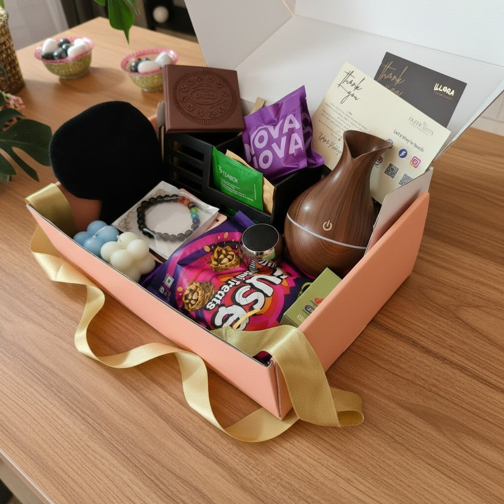 Wellness & Productivity Gift Hamper for Him in a premium mailer box on a wooden surface