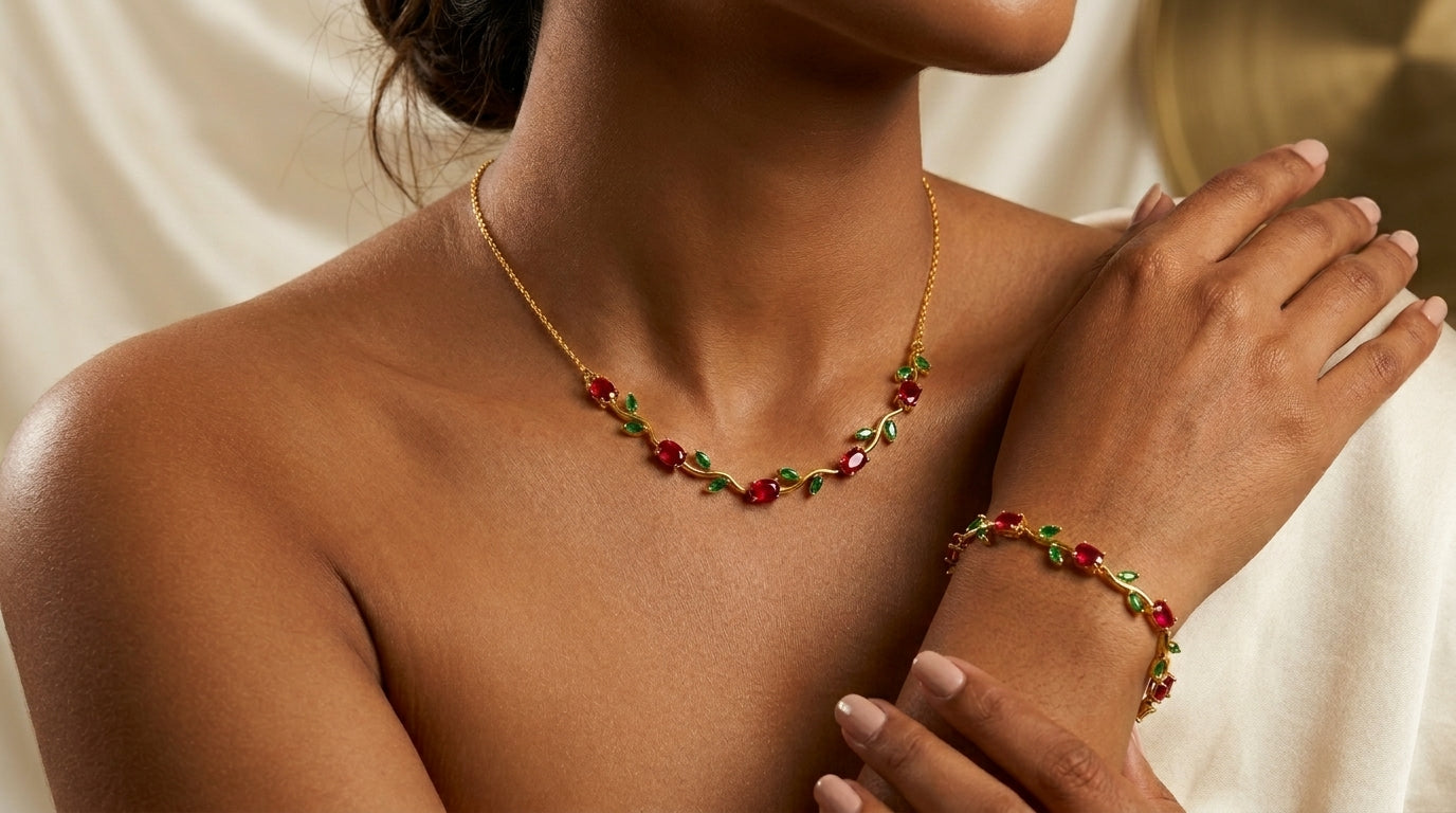 Women wearing Tulip Necklace & Bracelet Set with Red & Green stones against a neutral background