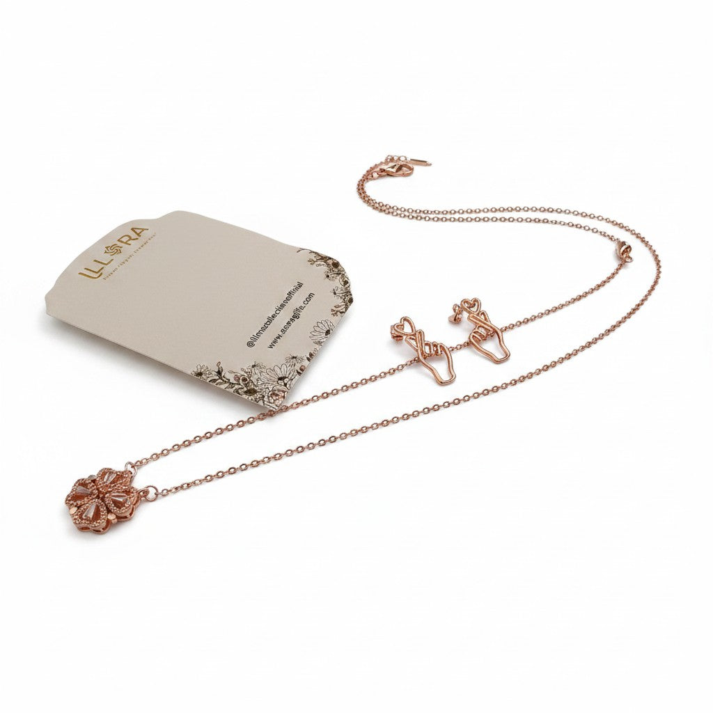 Rose gold-plated Clover Necklace & Korean Sign of Love Stud Earrings Set on a white background