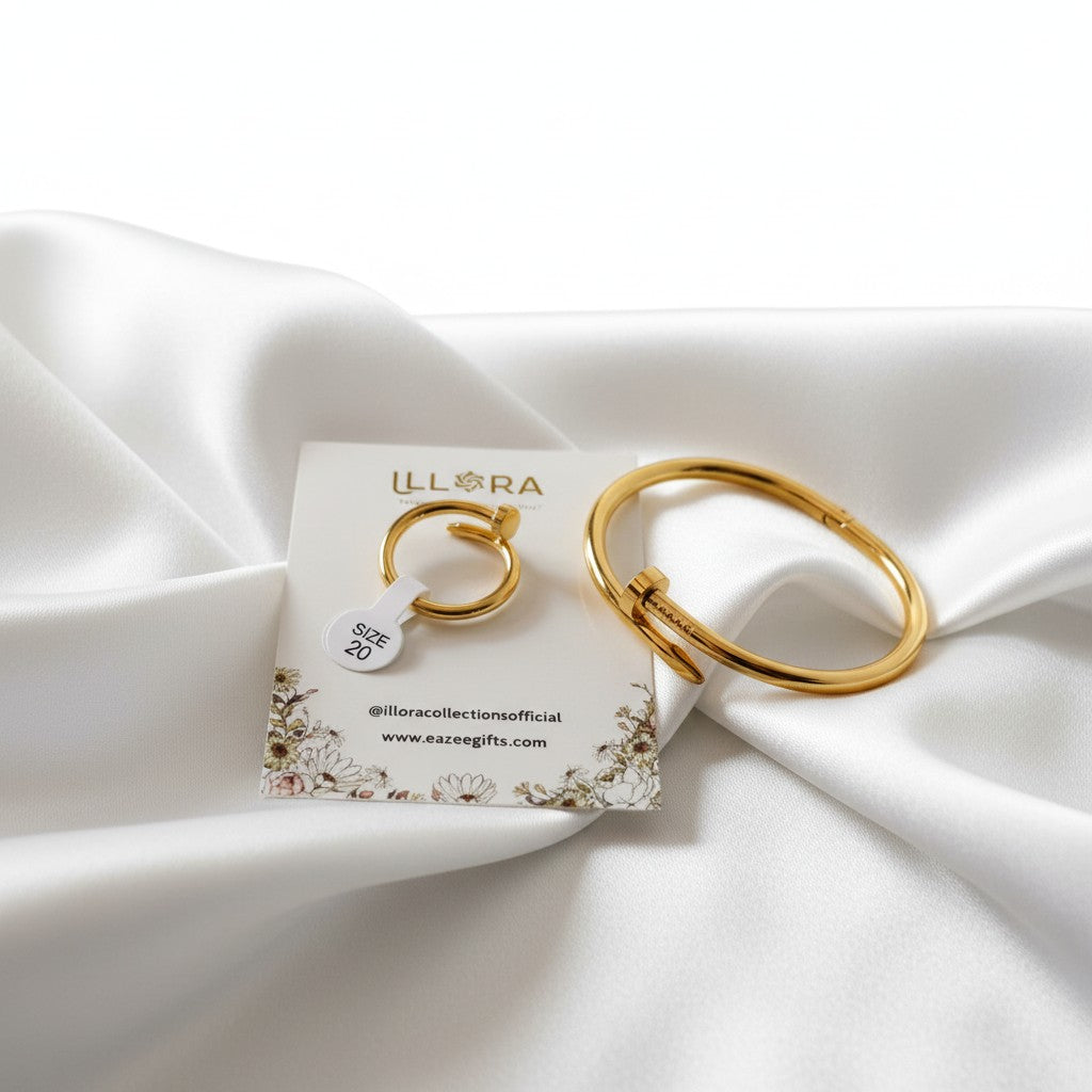 Bold Nail Statement Duo – Anti-tarnish 18k Gold-plated Nail Bracelet & Nail Ring Set on a white fabric background