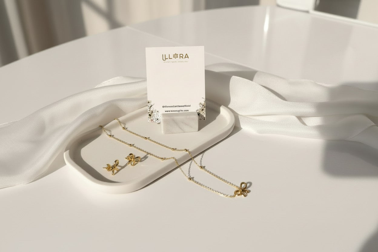 Anti-tarnish 18k Gold-plated Bow Chain Pendant & Bow Ear Studs on a white tray 