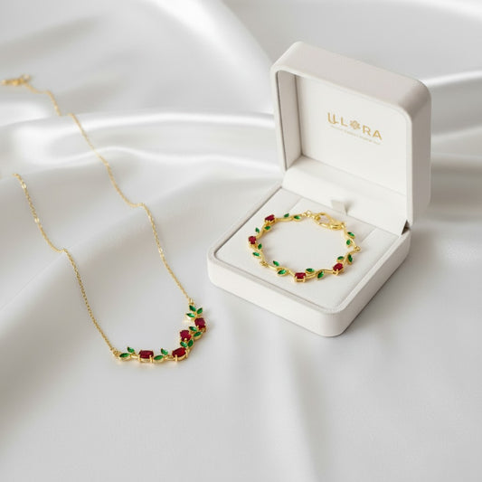 Scarlet Bloom Tulip Gold Plated Anti-Tarnish Jewellery Set for Women in an open jewelry box on a white fabric background