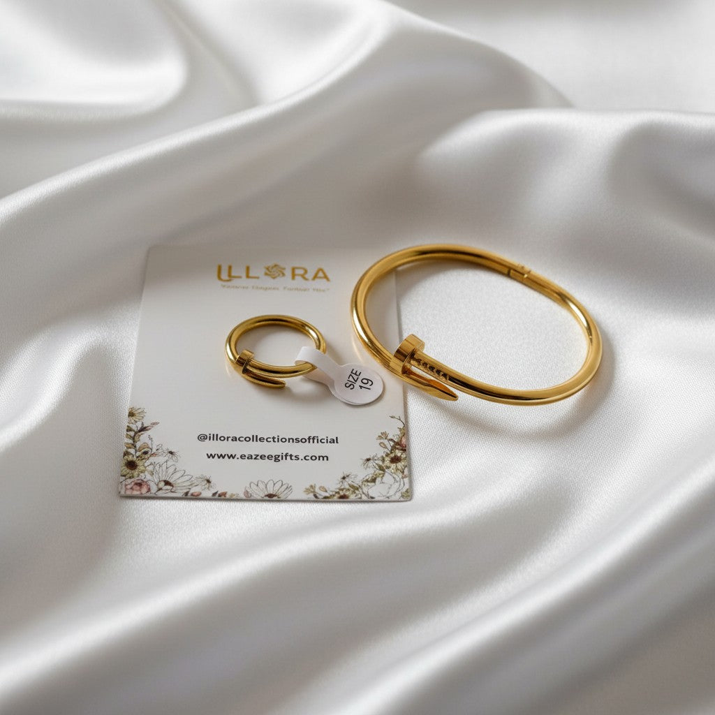 Anti-tarnish 18k Gold-plated Nail Bracelet & Nail Ring Set on a white satin surface