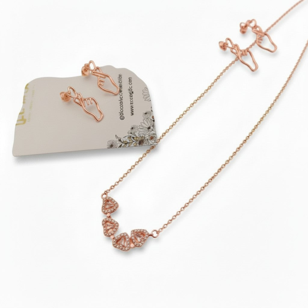 Rose Gold-plated Clover Necklace & Korean Sign of Love Stud Earrings Set on a white background