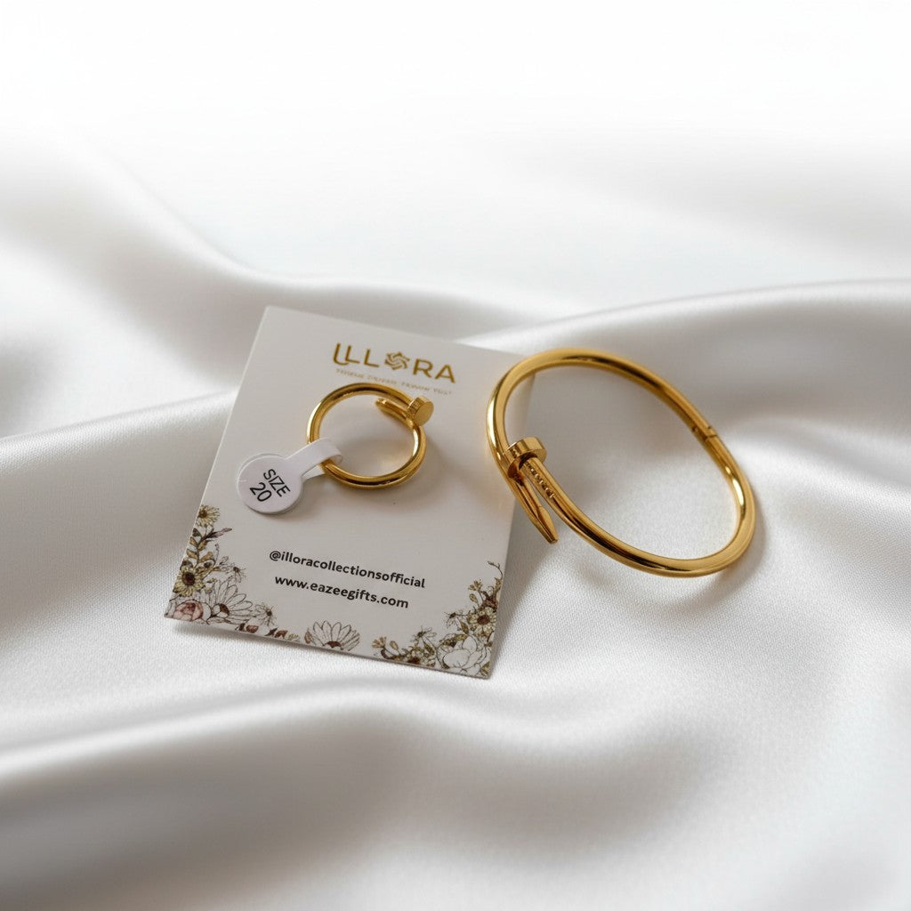 Bold Nail Statement Duo – Anti-tarnish 18k Gold-plated Nail Bracelet & Nail Ring Set on a white background
