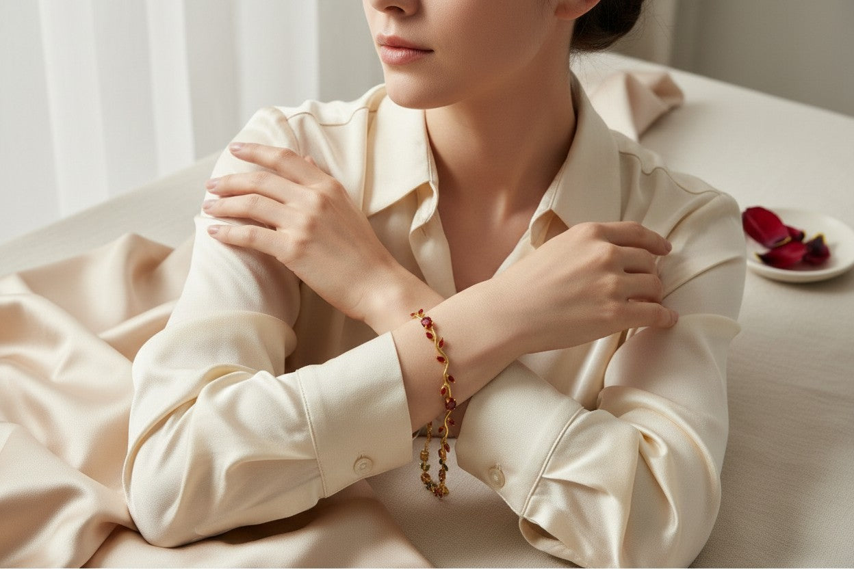 Women wearing a beige shirt with a Scarlet Olive Tulip Gold Plated Anti-Tarnish Jewellery Set for Women, sitting on a bed with a soft focus background