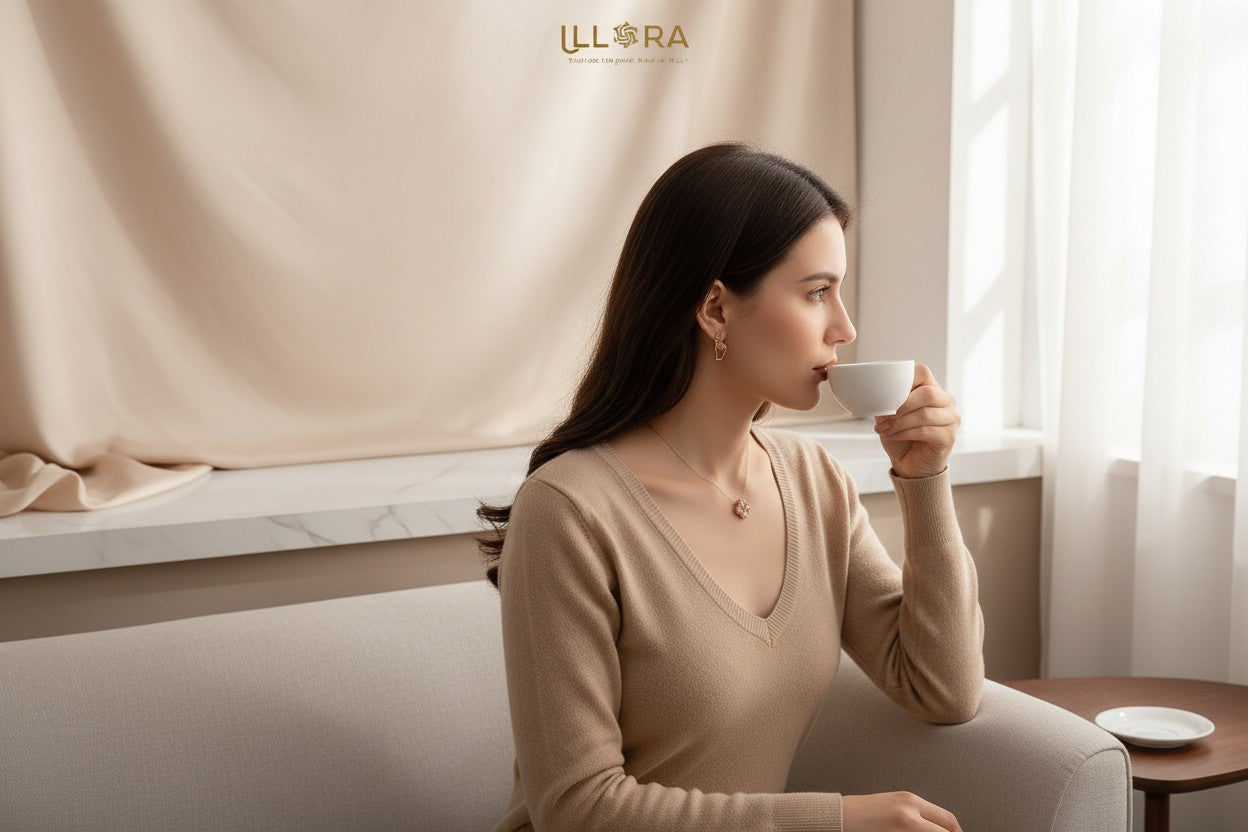 Woman sitting by a window, wearing Blush Love Signature Jewellery Set for Women - Rose Gold-plated Clover Necklace & Korean Sign of Love Stud Earrings