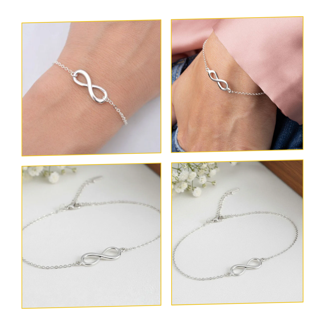 Silver-plated Infinity Bracelet displayed from different angles with a person wearing it.