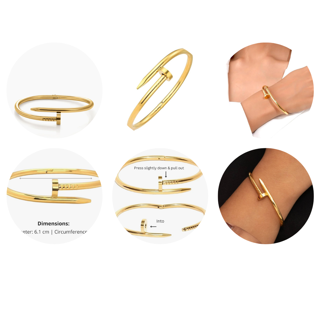 Anti-tarnish 18k Gold-plated Nail Bracelet & Nail Ring Set displayed on a white background with close-up views and dimensions.