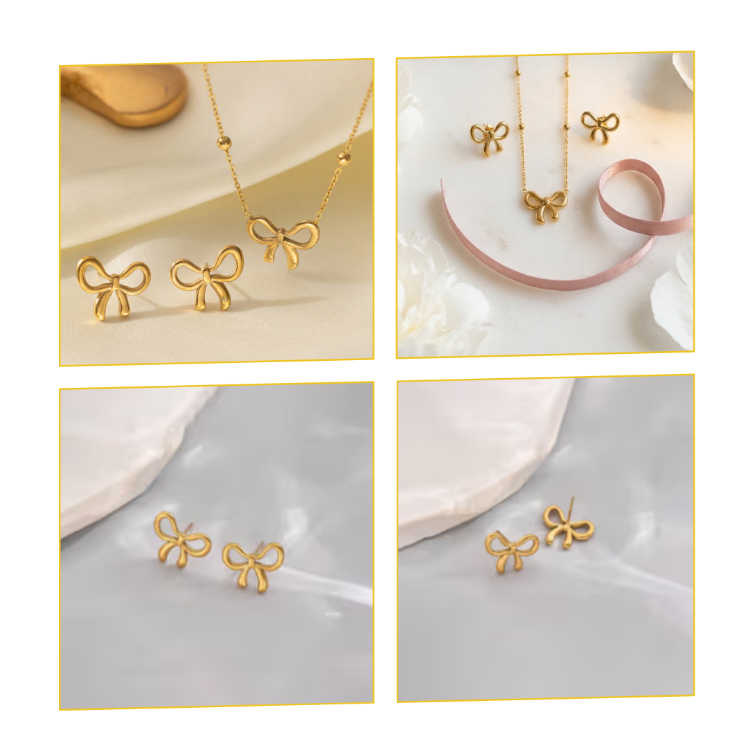 Collage of Anti-tarnish 18k Gold-plated Bow Chain Pendant, Bow Earrings & Bow Ring Set