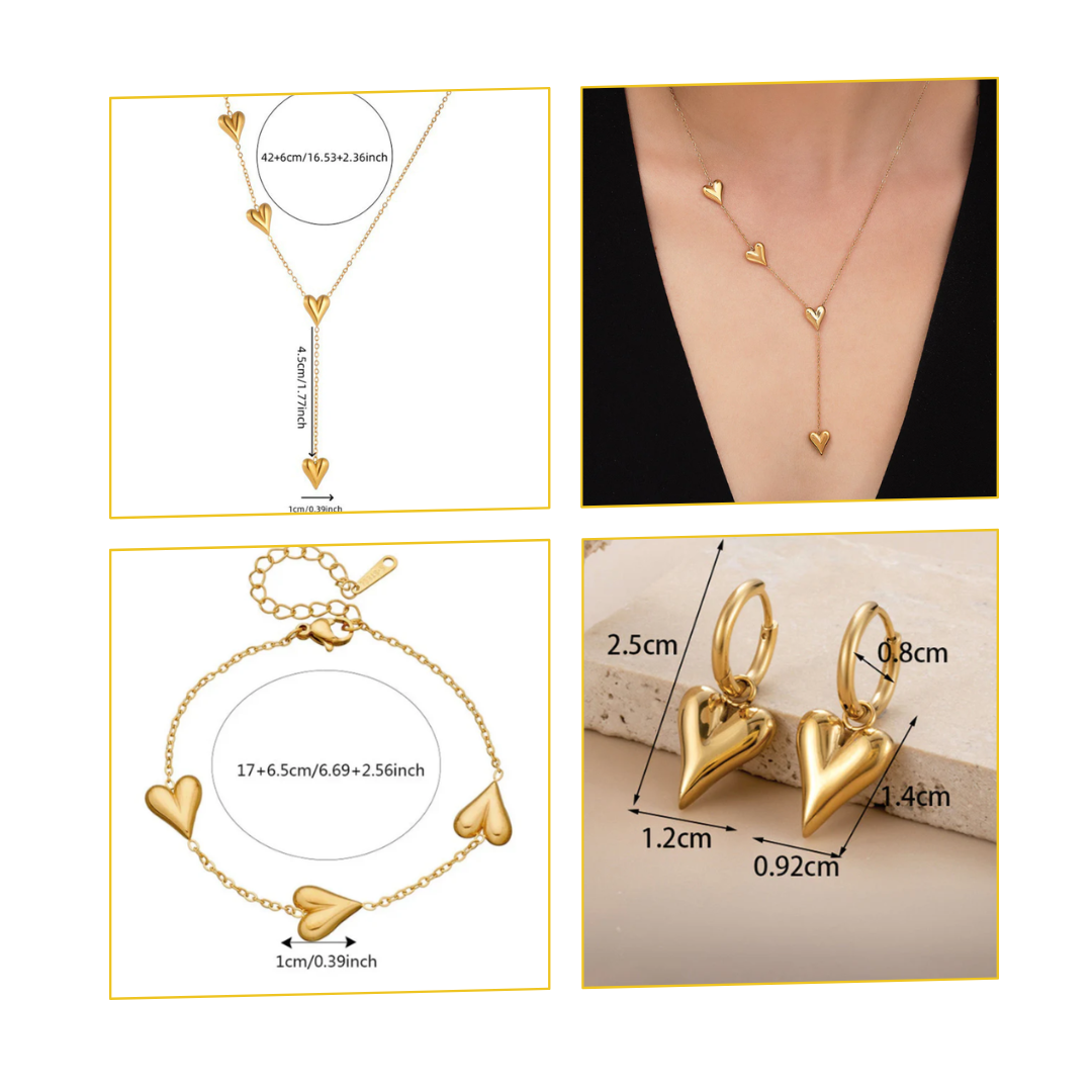 Anti-tarnish 18k Gold-plated Heart Necklace, Heart Earrings & Heart Bracelet Set with measurements.