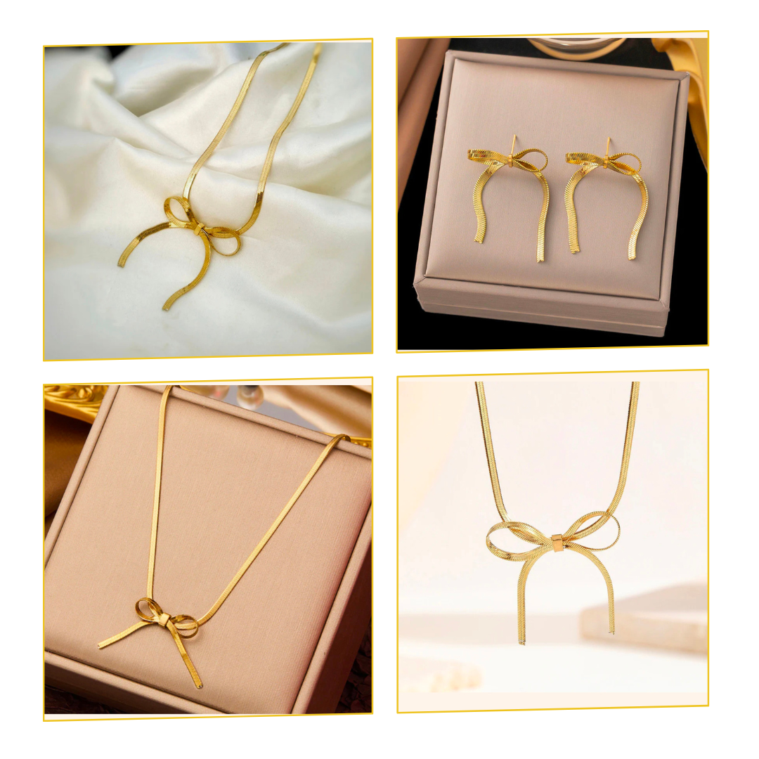 Collage of K-Glow Ribbon Duo Gold Plated Anti-Tarnish Jewellery Set for Women