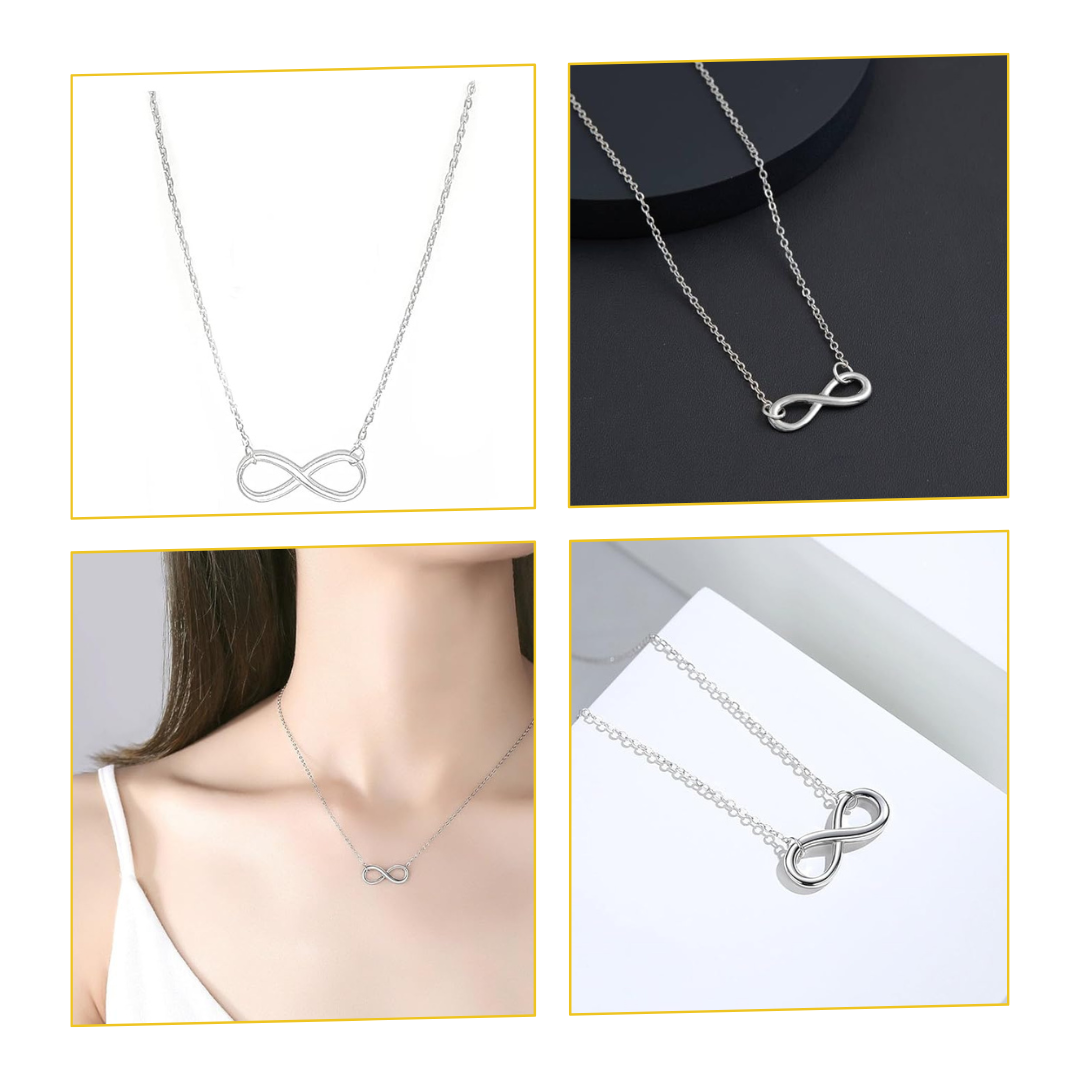 Silver-plated Infinity Chain Pendant displayed from different angles with a person wearing it.
