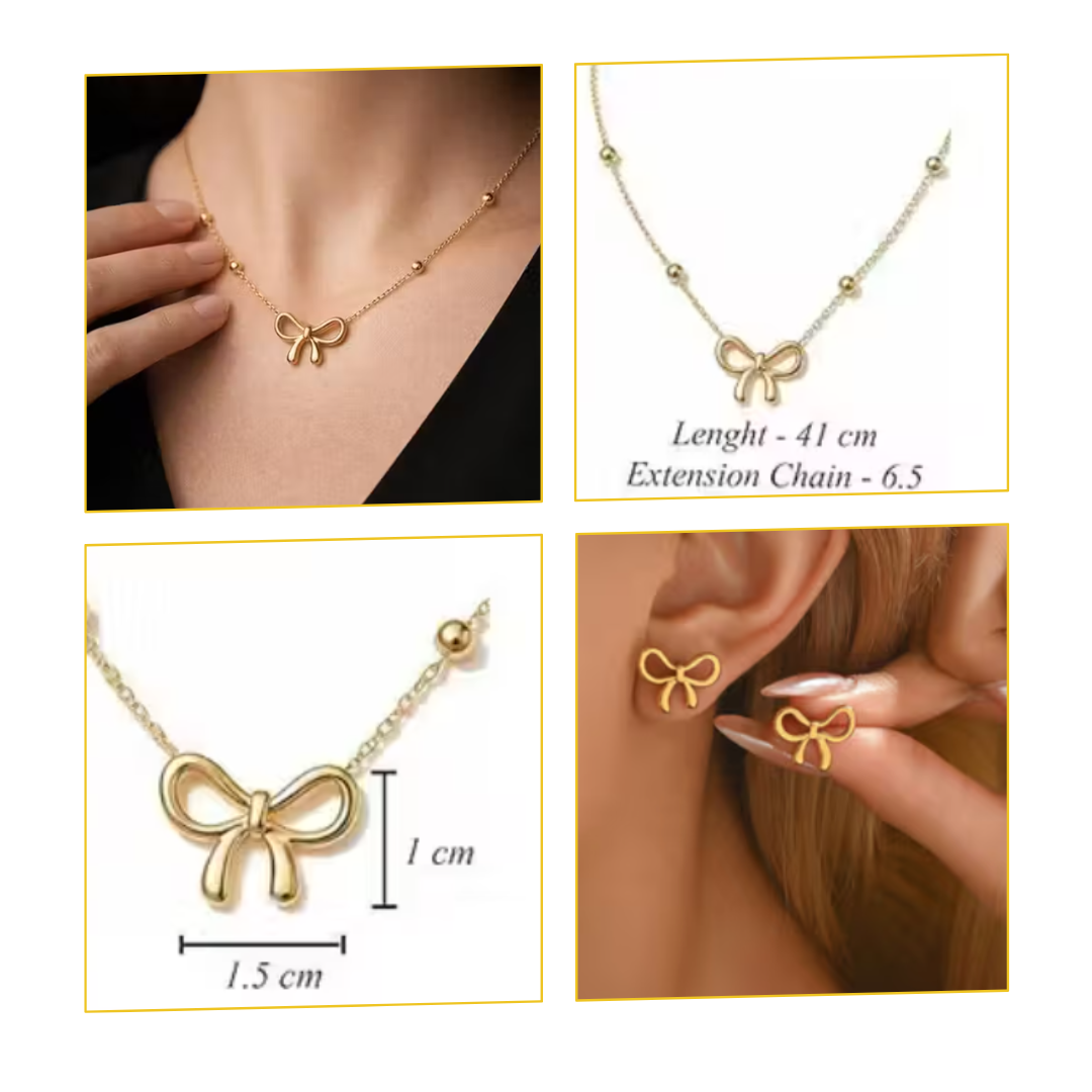 Anti-tarnish 18k Gold-plated Bow Chain Pendant, Bow Earrings & Bow Ring Set with measurements on a white background