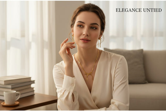 Woman wearing K-Glow Ribbon Duo Gold Plated Anti-Tarnish Jewellery Set