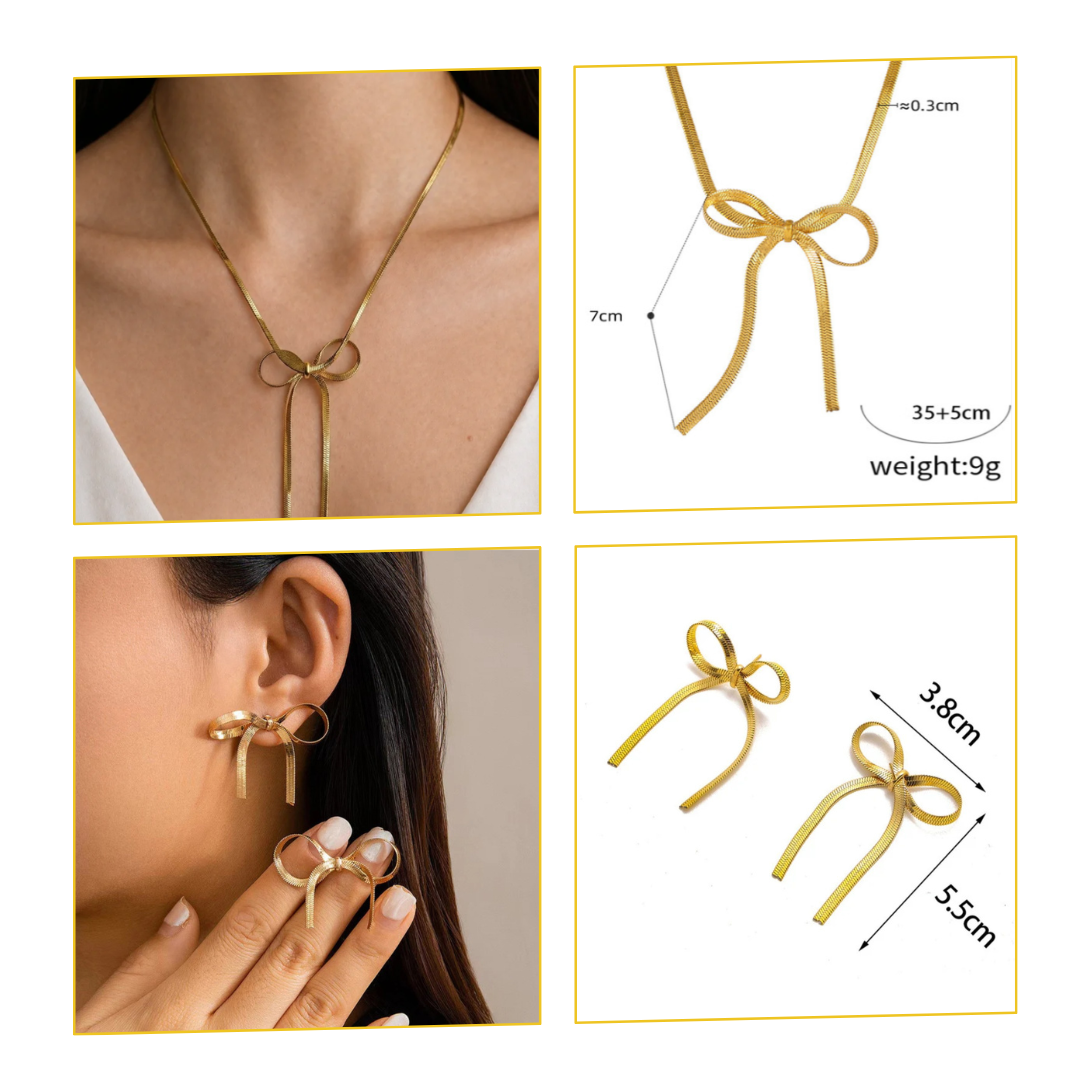 Collage of Gold Plated Anti-Tarnish Bow Necklace & Earrings