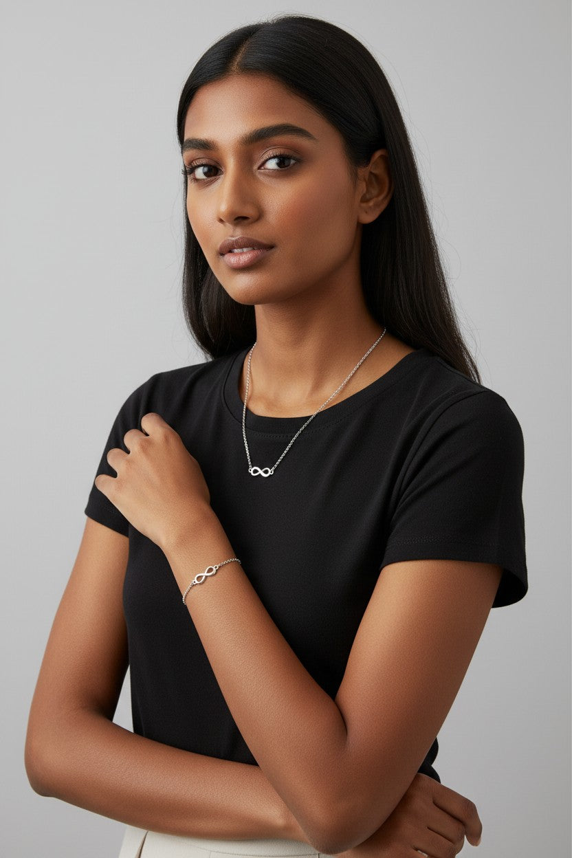 Women wearing Silver-plated Infinity Chain Pendant & Infinity Bracelet