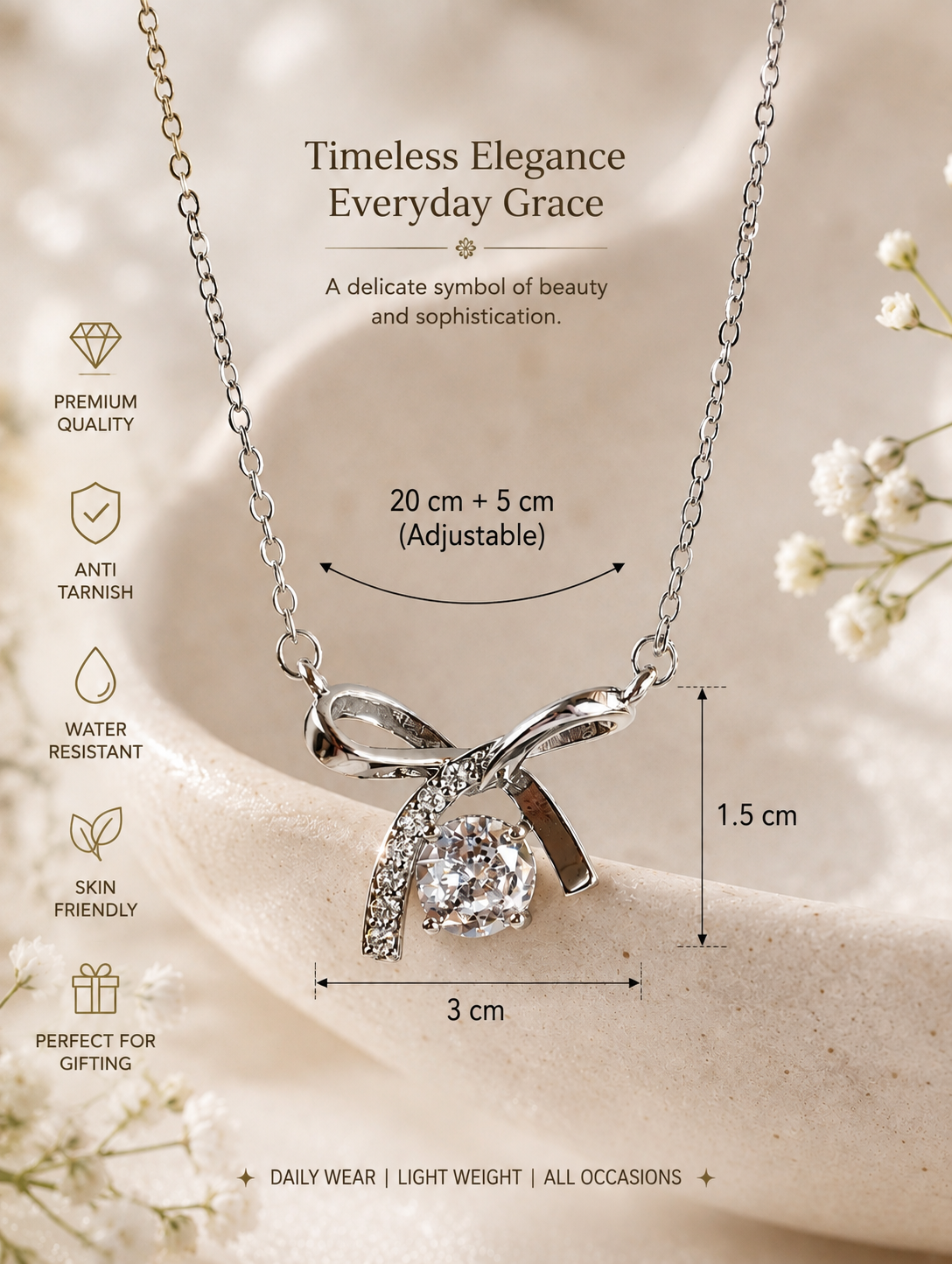 Aethel Silver Plated Twisted Infinity Necklace for Women with dimension and features