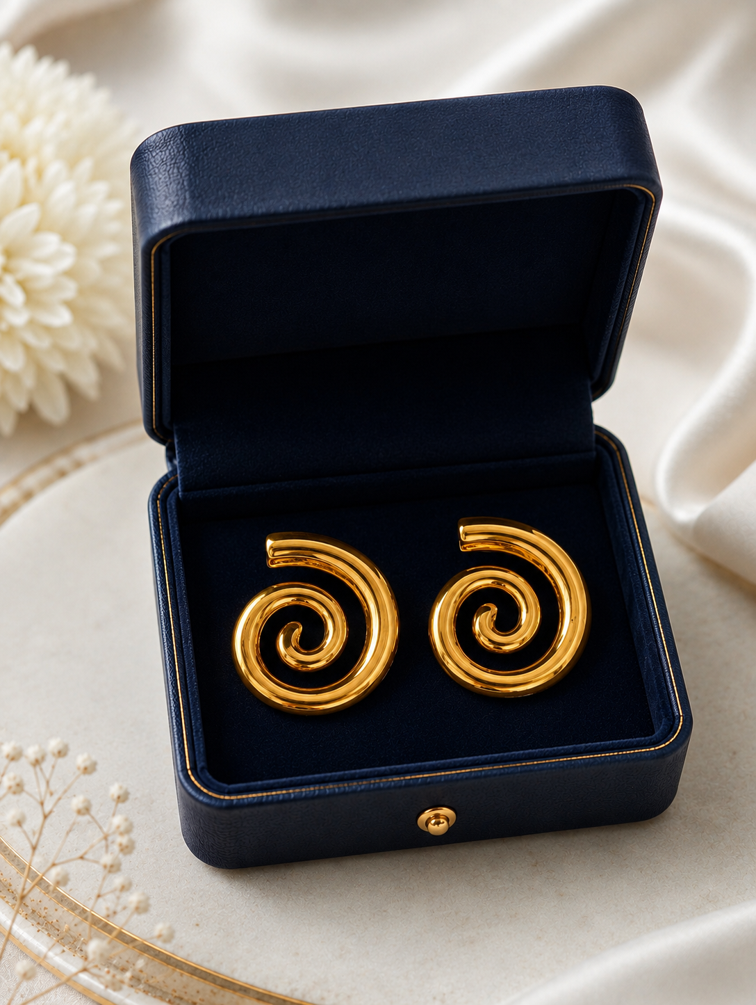 Amara Gold Plated Anti Tarnish Spiral Statement Stud Earrings in a jewellery box