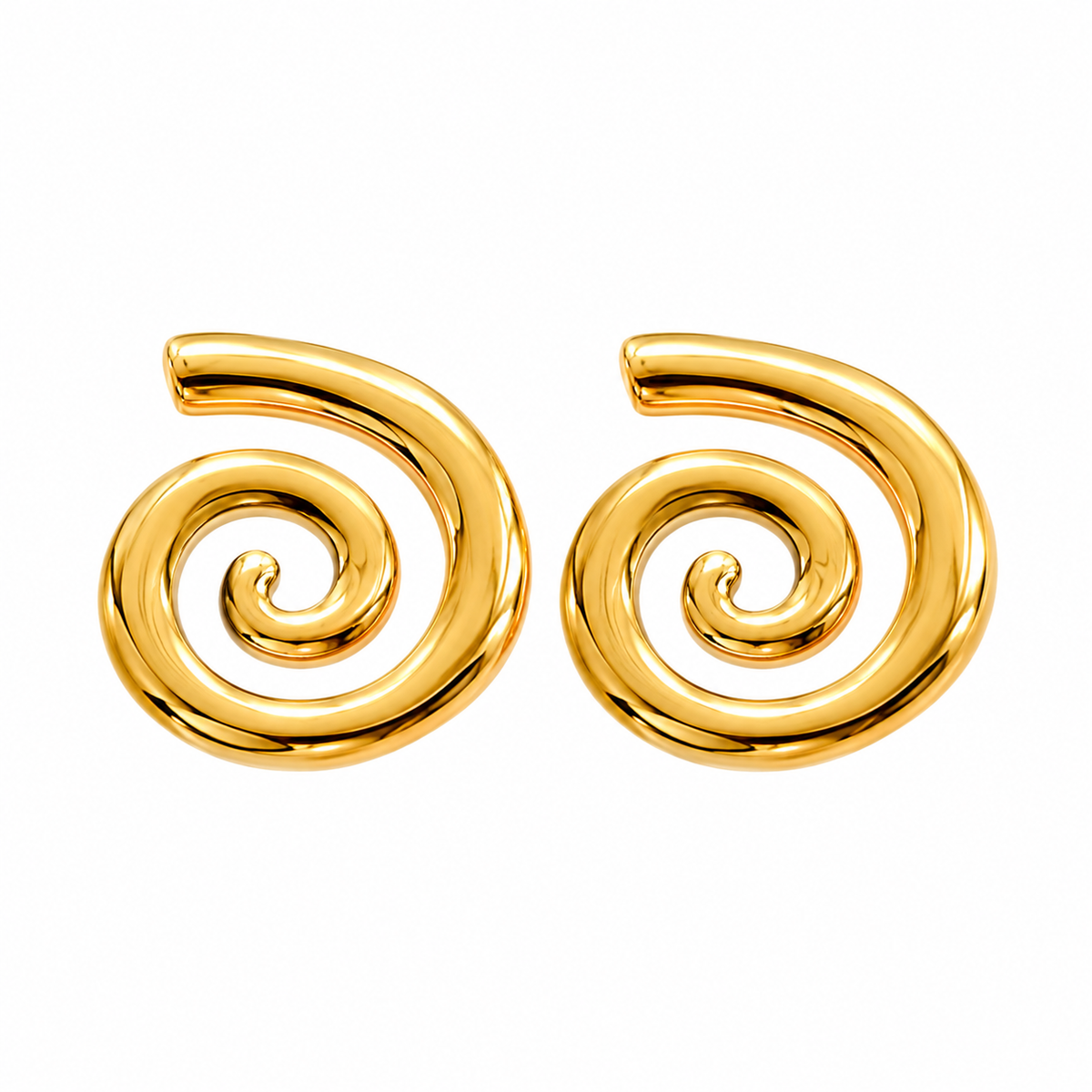 Amara Gold Plated Anti Tarnish Spiral Statement Stud Earrings on a solid white background.