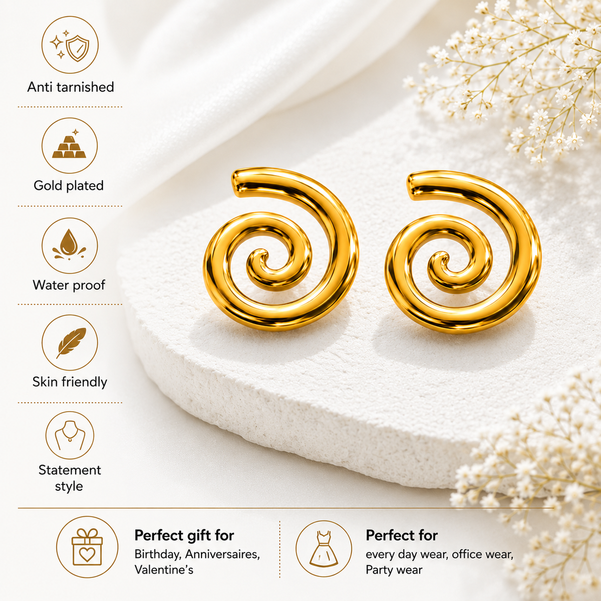 Amara Gold Plated Anti Tarnish Spiral Statement Stud Earrings product features