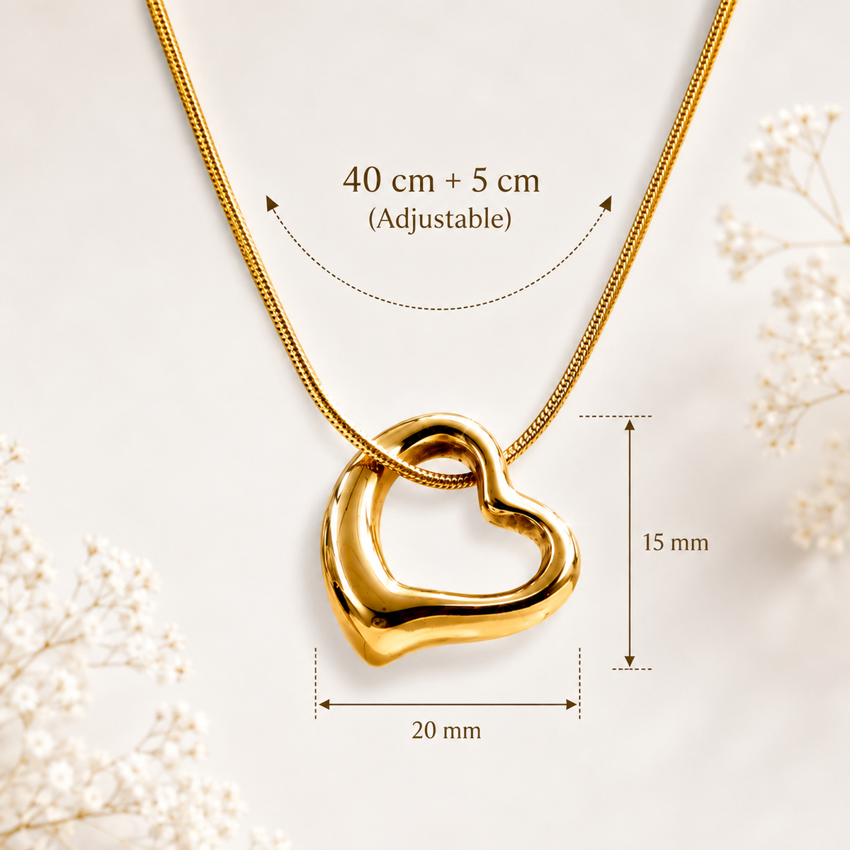 Aurelia Gold Plated Anti Tarnish Tilted Heart Necklace dimensions