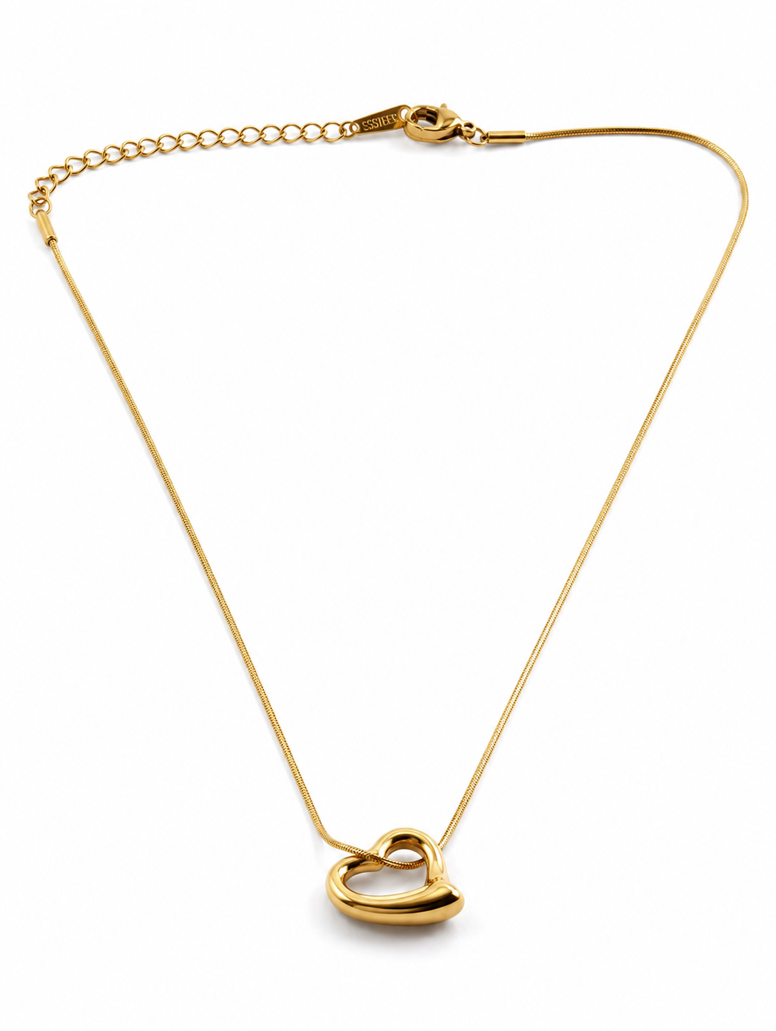 Fullview of Aurelia Gold Plated Anti Tarnish Tilted Heart Necklace displayed on a clean white background.