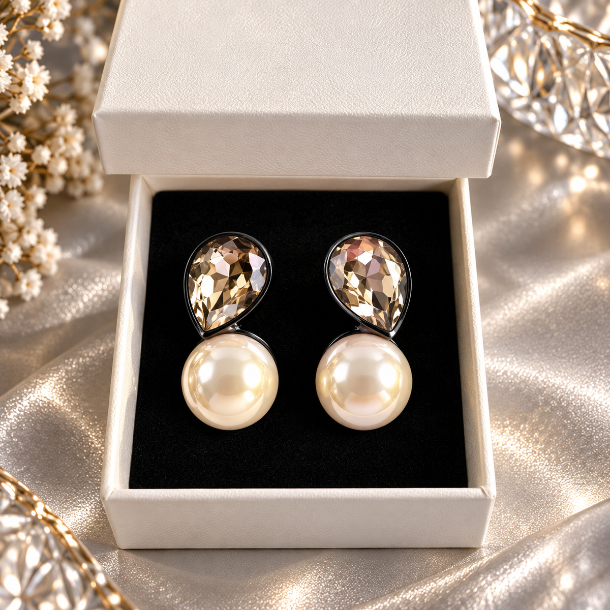 Black Toned Pearl Motif Chunky Stud Earrings for Women in jewellery box