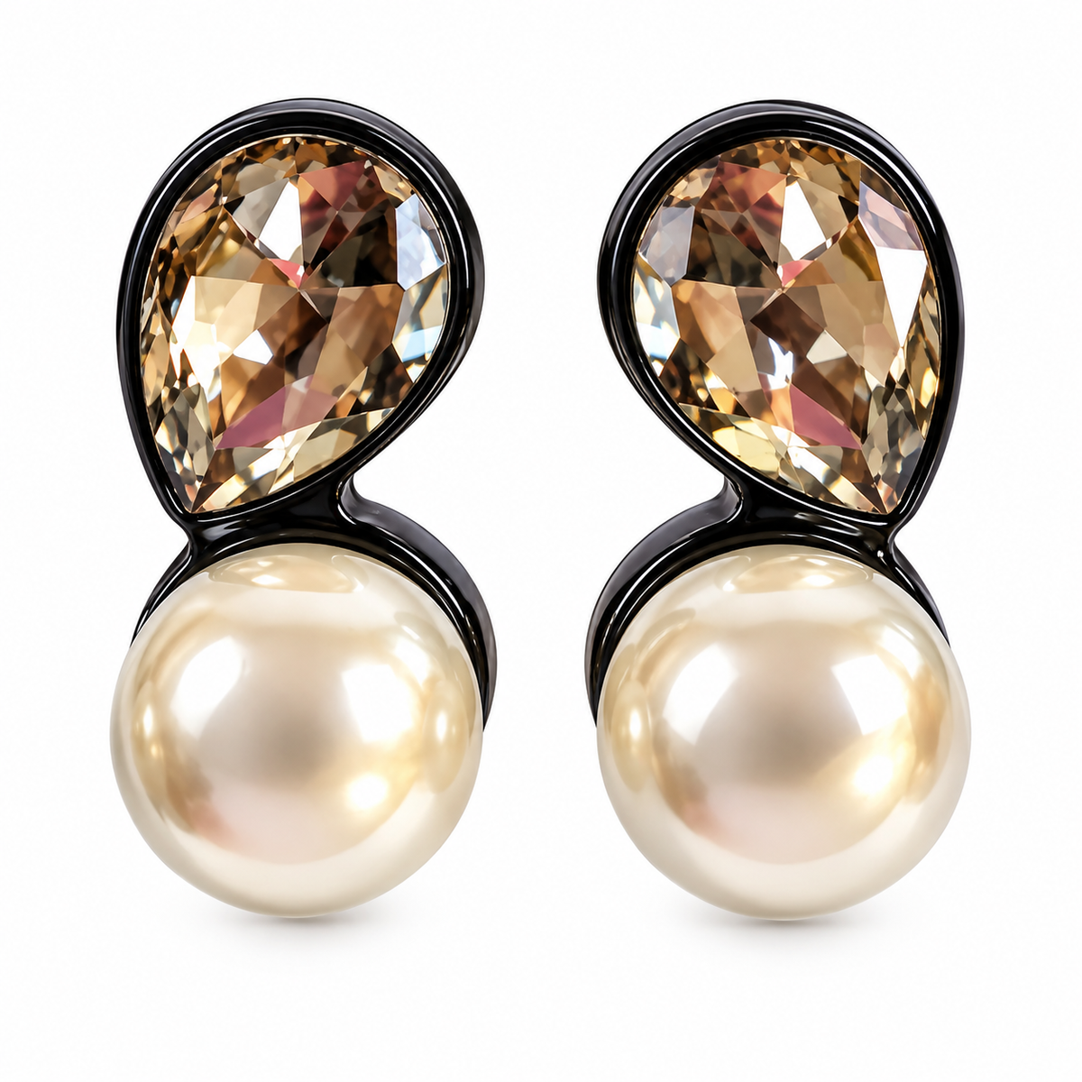 Black Toned Pearl Motif Chunky Stud Earrings for Women on white background