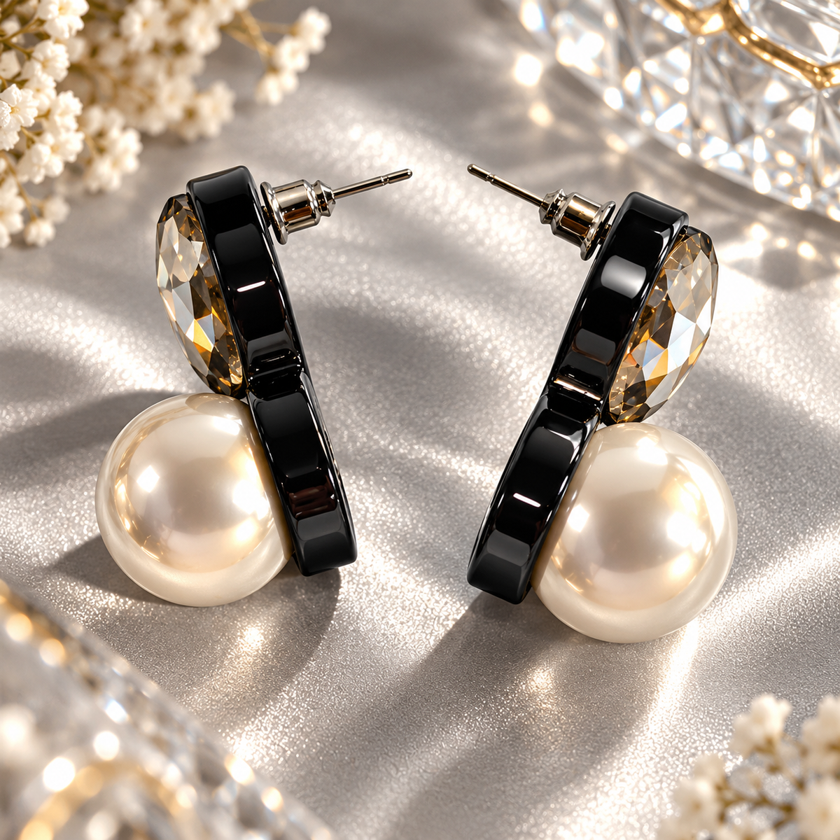 Black Toned Pearl Motif Chunky Stud Earrings for Women