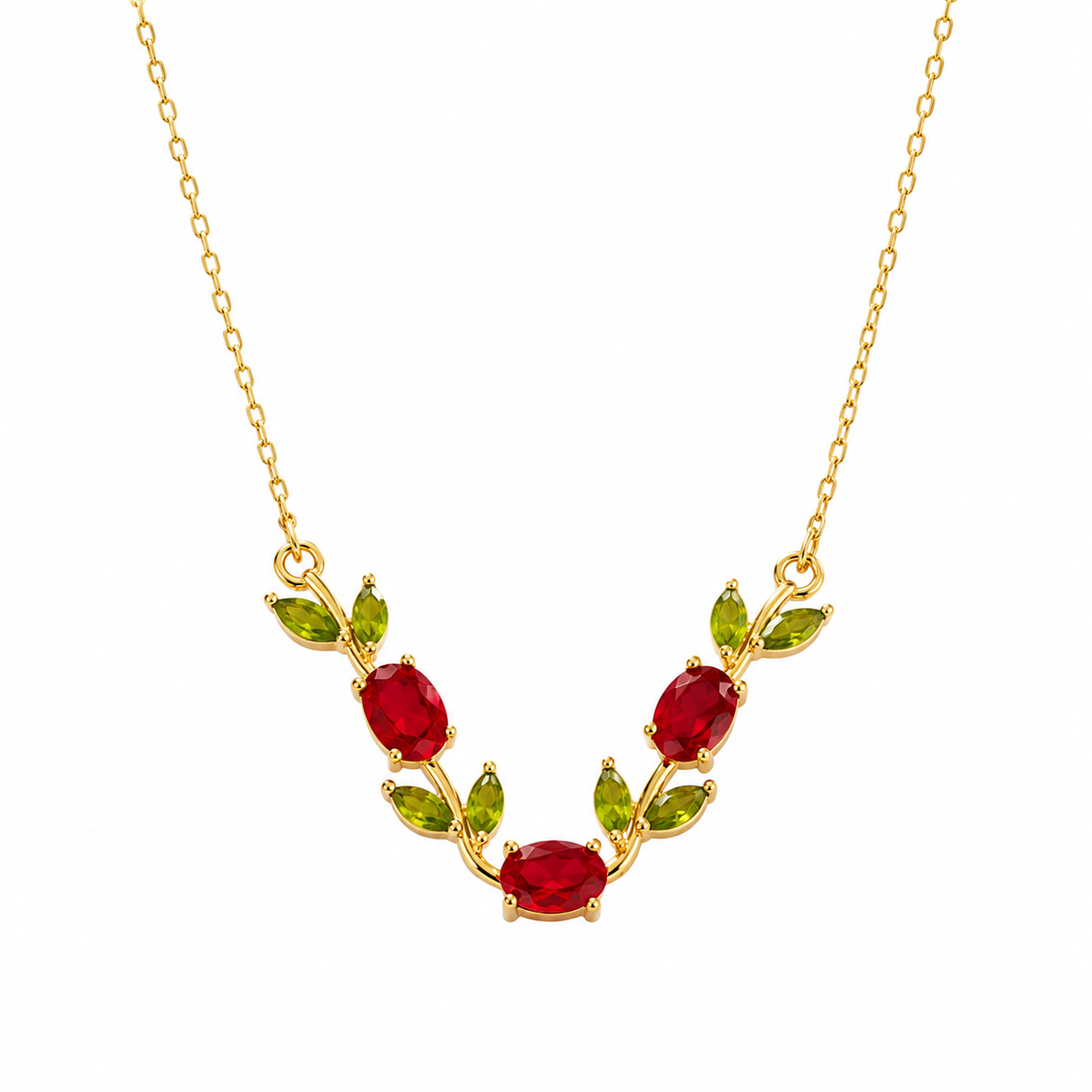 Gold plated anti tarnish tulip necklace featuring red stones on a plain white background.