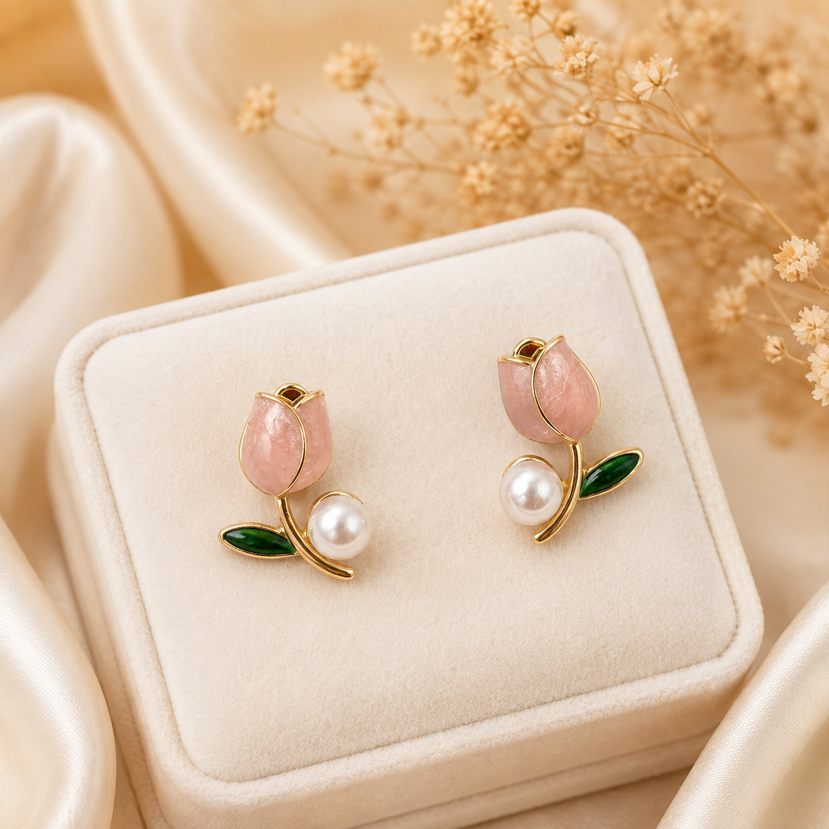 A pair of tulip stud earrings displayed on a cream-colored jewelry box.