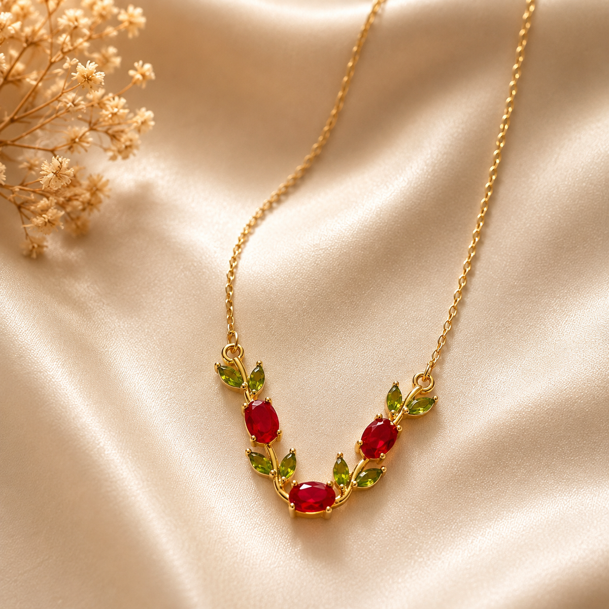 Gold plated anti tarnish tulip necklace with red stones and green leaf-shaped accents, displayed on a beige satin fabric