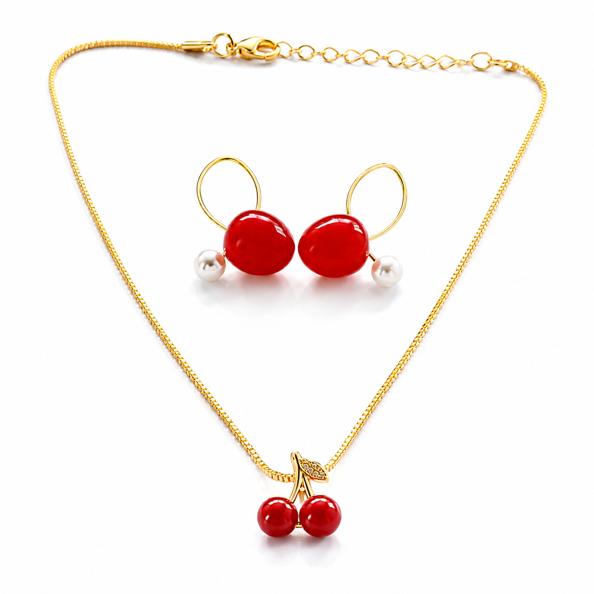 Cherry Bloom Gold Toned Necklace & Earrings Set for women on a white background