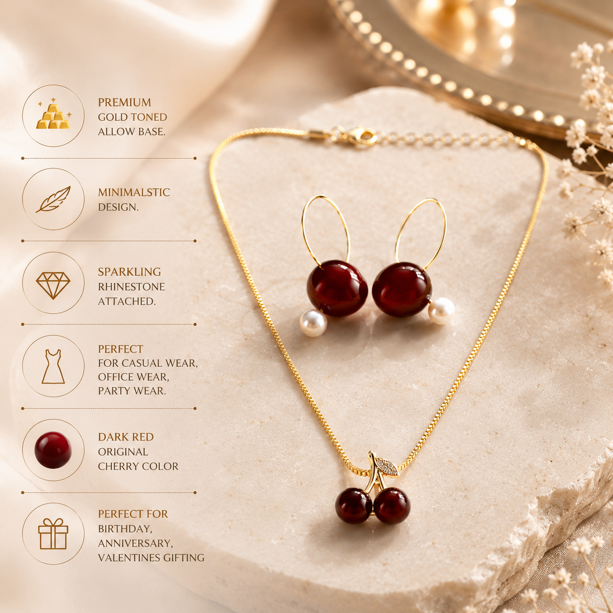 Cherry Bloom Gold Toned Necklace & Earrings Set for women product features