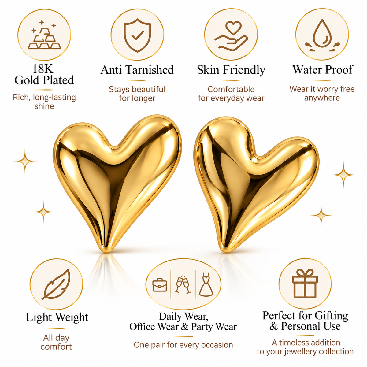 Gold Plated Anti Tarnish Chunky Heart Western Stud Earrings for Women product feature